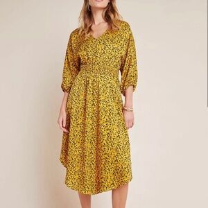 Anthropologie Marigold Midi Dress Floral Yellow V-Neck Puff Sleeves Women’s XS